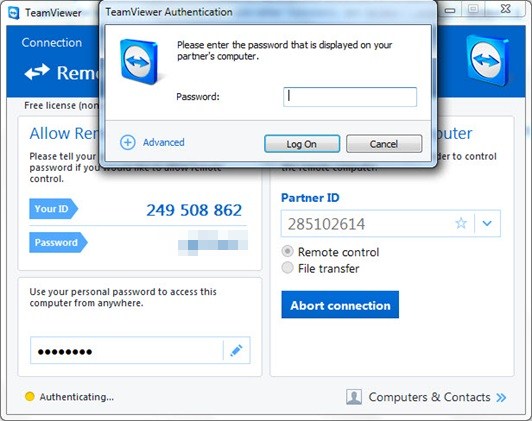 To access other computer, type in the Partner ID and Password.