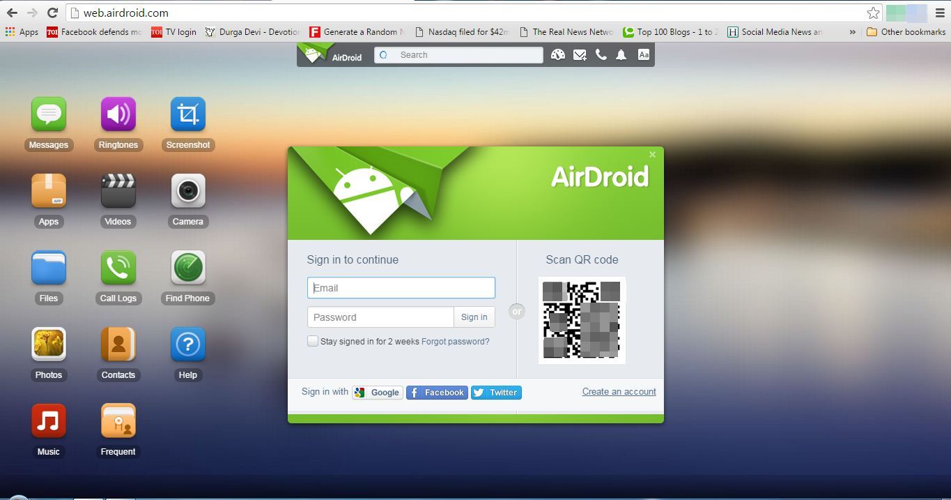 přejděte na web.airdroid.com