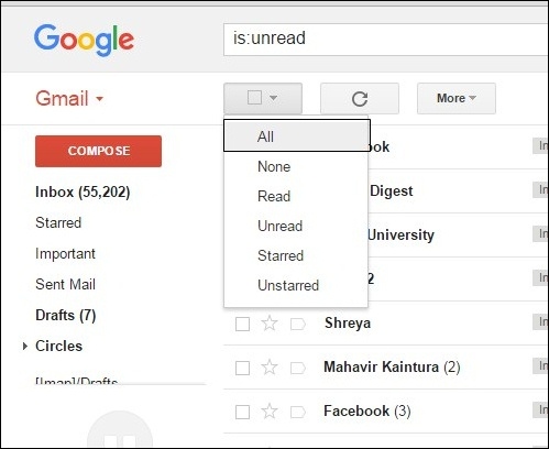 Como selecionar todos os e-mails não lidos como lidos no Gmail