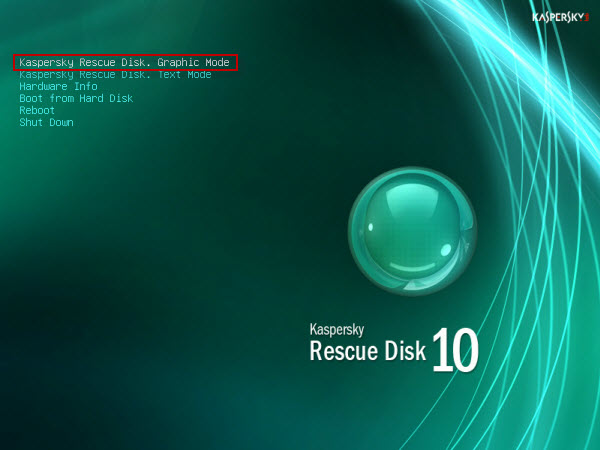 Select 'Kaspesky Rescue Disk - Graphics Mode'