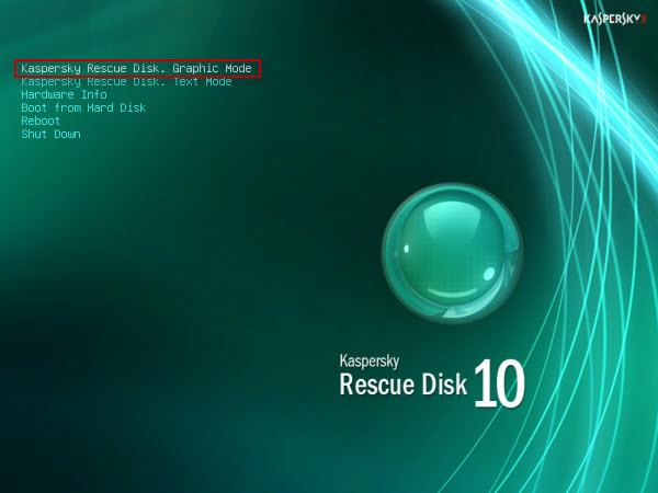 Válassza a „Kaspesky Rescue Disk – Graphics Mode” lehetőséget