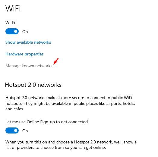 click on the 'Manage Known networks' option