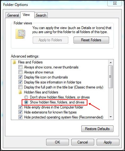 Enable the "Show hidden files, folders, and drives"
