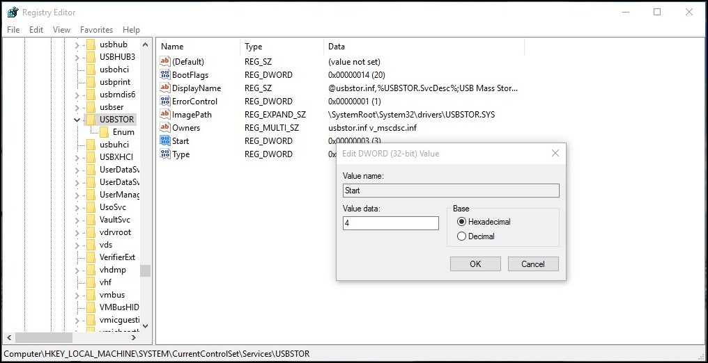 Disable or Enable USB Drivers and Mass Storage Drivers Using Registry