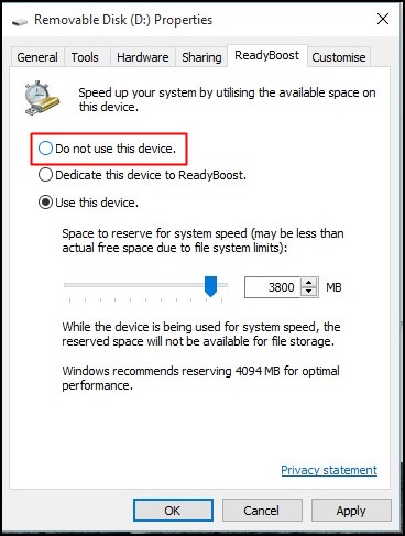 To Revert the changes, select 'Do not use this device'