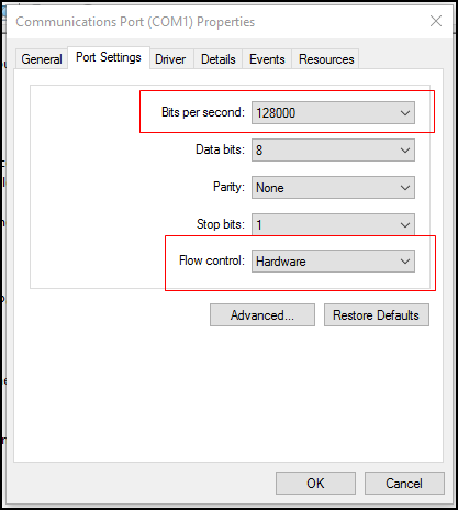 Driver details. Port Setup.