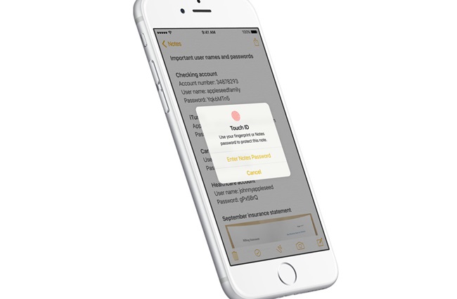 Lock iPhone Notes with Touch ID or a Password.