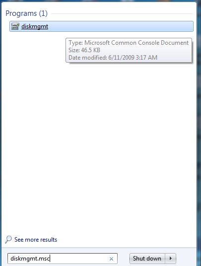 Type in 'Diskmgmt.msc' on the search bar and open disk management