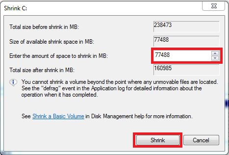 Enter the storage space and click on 'Shrink'