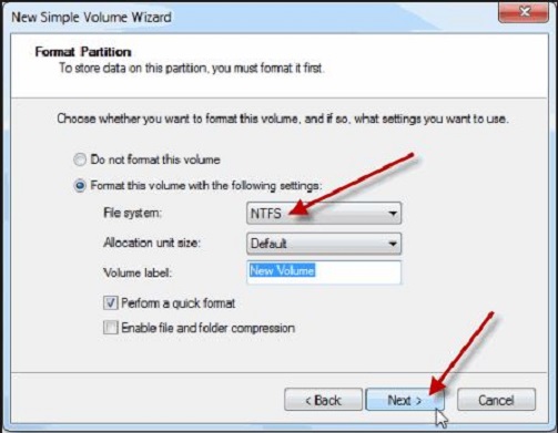 Select 'NTFS' as file system and click on 'Next' button