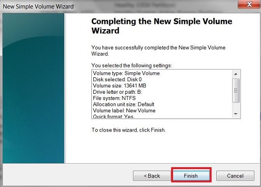 Click on 'Finish' to end the new simple volume wizard