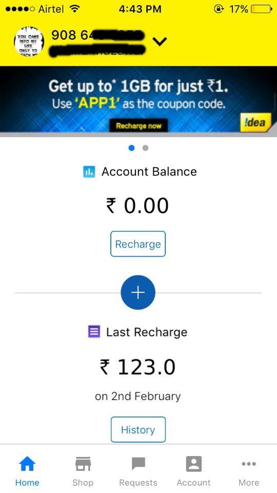Offer displaying 1GB 3G Data at R.s 1 in the app's homepage