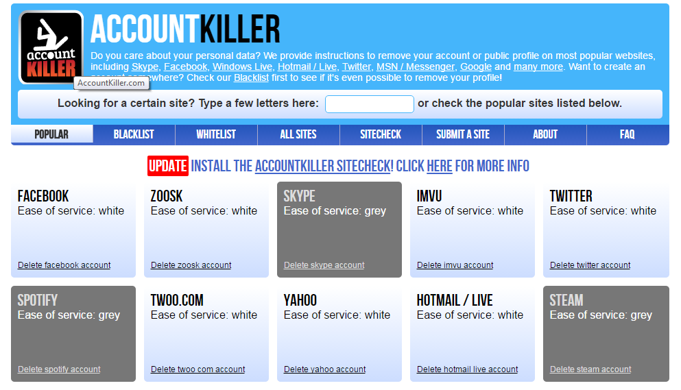 Accountkiller. The most popular websites.