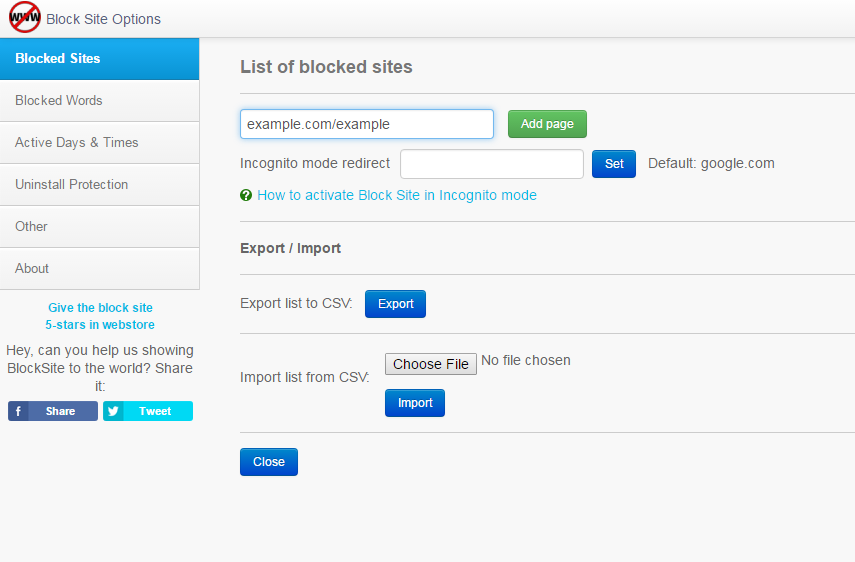 Použití Block Site