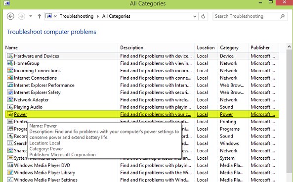 Using Power Troubleshooter