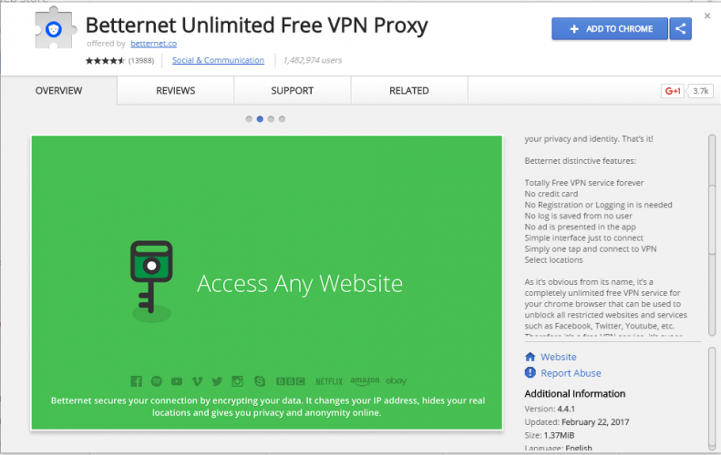Betternet Απεριόριστος δωρεάν διακομιστής VPN
