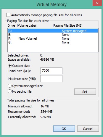 Untick on the option Automatic Manage Paging & define the custom size