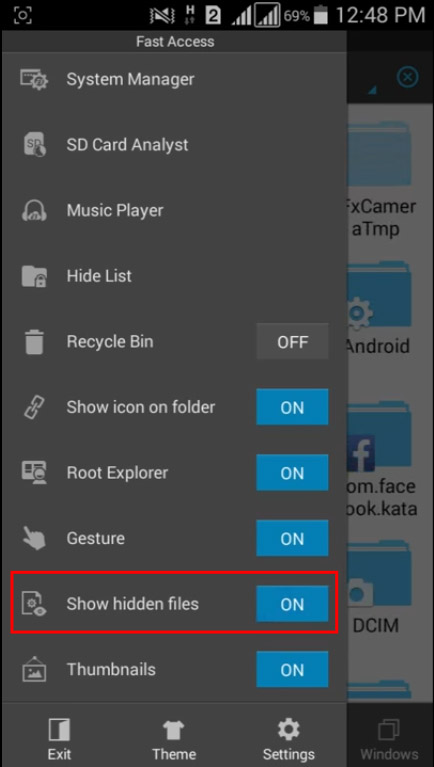 Povolte možnost "Zobrazit skryté soubory""Show Hidden Files" option