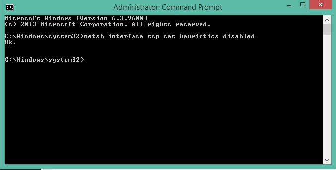 netsh interface tcp set heuristics disabled