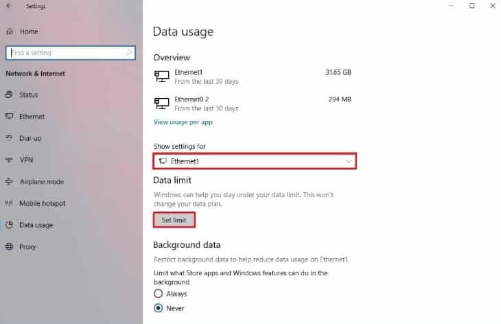 Configure Data Usage Limit On Windows 10