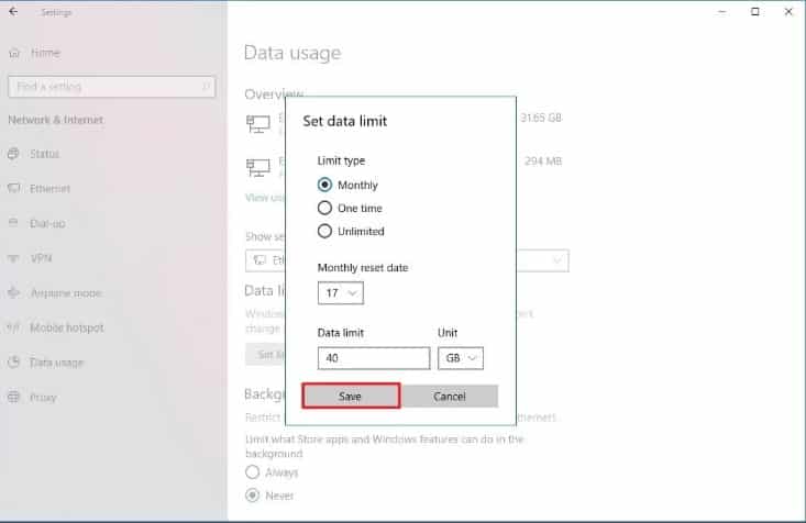 Configure Data Usage Limit On Windows 10
