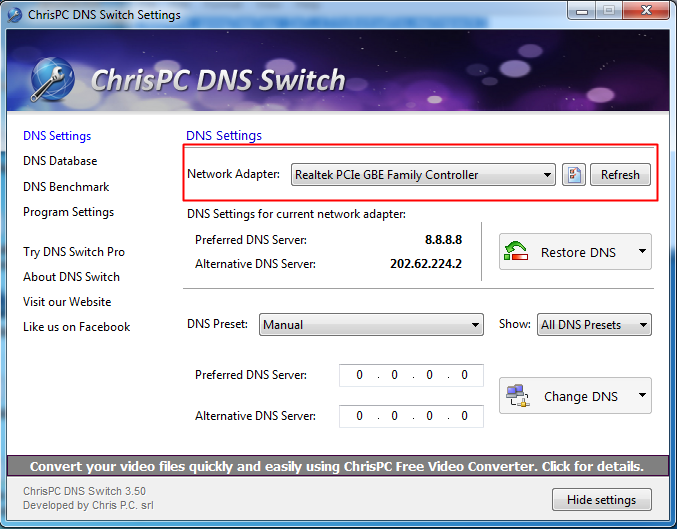 Použití Chris-PC DNS Switch