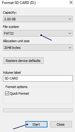 Select 'FAT32' as file system and click on 'Start'