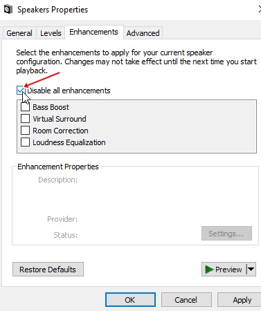 windows 10 disable audio enhancements