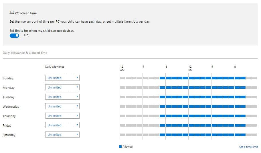 Select 'PC Screen time' and set the time limit