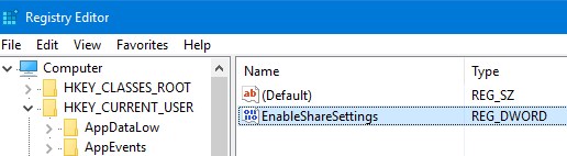Enable Share Settings Option in the Windows 10 Settings App