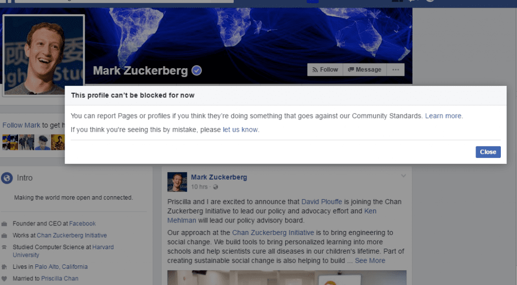 Vous ne pouvez pas bloquer Mark Zuckerberg sur Facebook