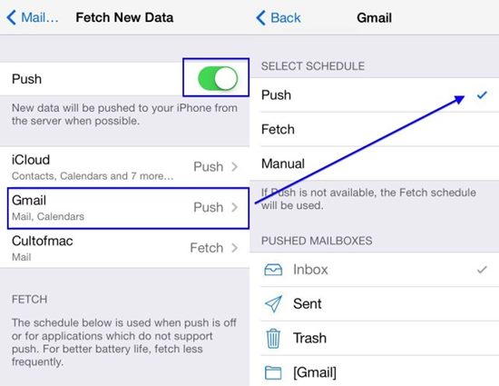 Email Fetching and Pushing Settings