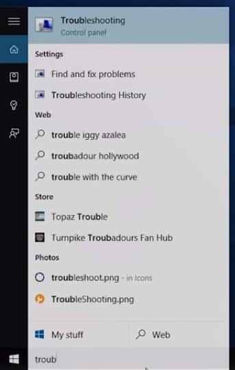 Search for Troubleshooting on Search menu