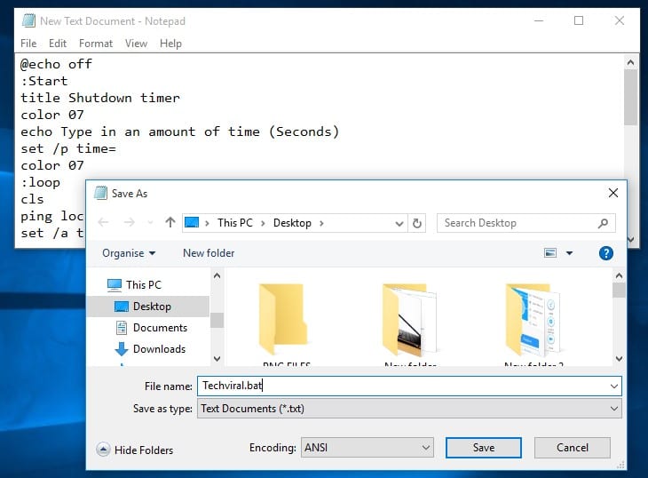 Save the file with '.bat' extension and select 'ANCI' as encoding method