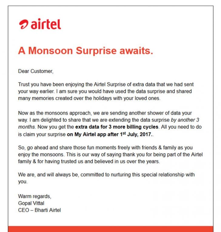 Airtel Monsoon Surprise Offer