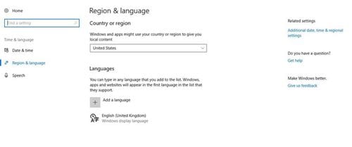 Correct language settings in Windows 10