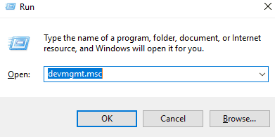 Search for 'devmgmt.msc' on the RUN Dialog box