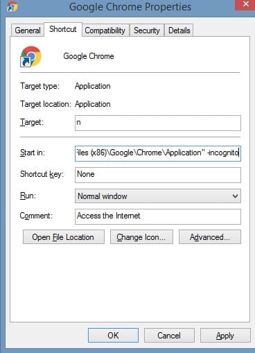 Always Open Google Chrome in Incognito Mode