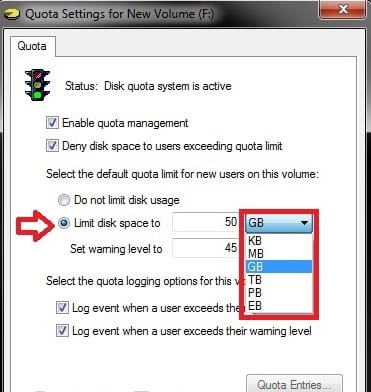 Limit disk space to