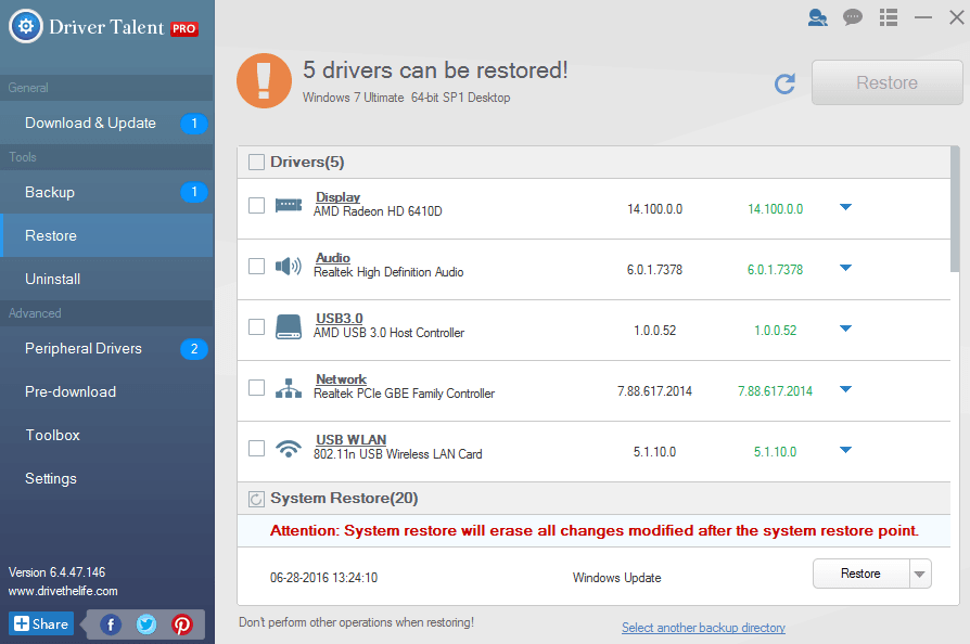 To restore driver, select 'Restore' under the Tools