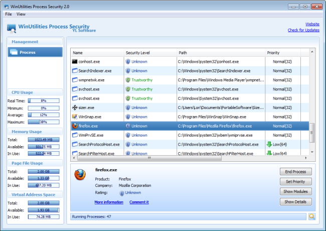 Sicurezza del processo WinUtilities