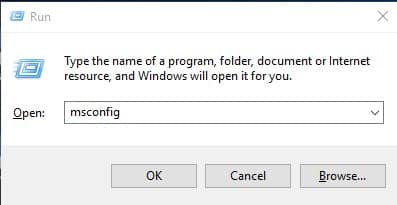 Type 'msconfig' on RUN dialog box