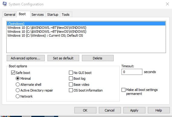 Under the Boot options, select 'Safe Boot' and then on 'Apply'