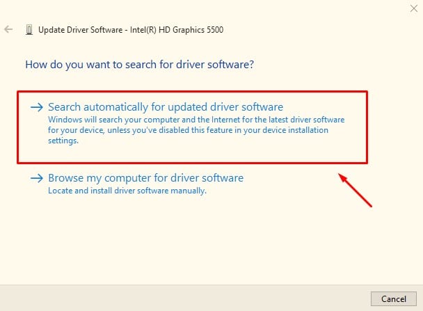 select 'Search Automatically for updated driver software'