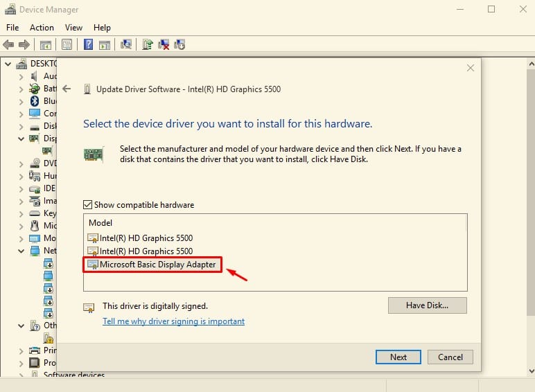 select 'Microsoft Basic Display Adapter'