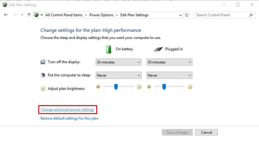 Click on the 'Change advanced power settings'