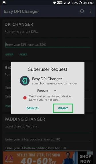 Tap on 'Grant' when it asks for superuser permission