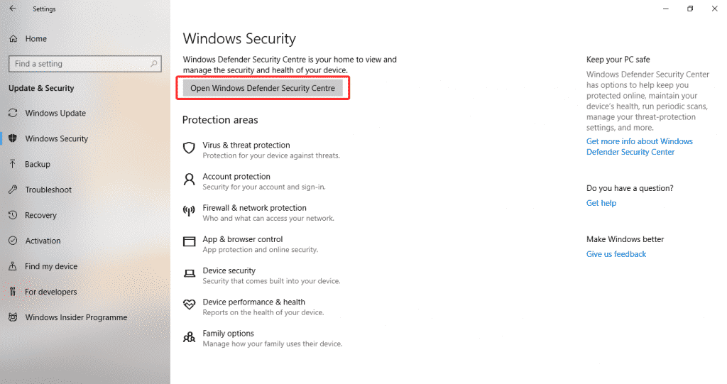 Open Windows Defender Security Centre