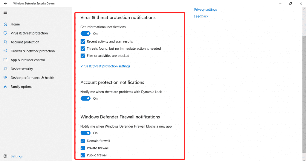 disable all the Windows Defender notifications