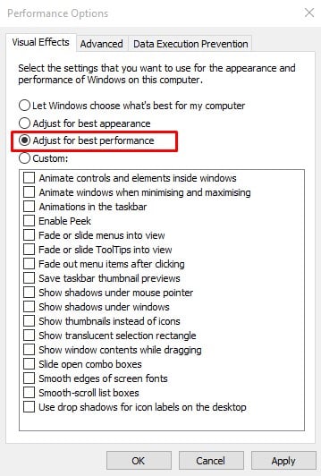 Enable the option 'Adjust for best performance'